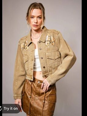 NWT blue b Embroidered Cropped Denim Horse 🐎 Jacket - Tan